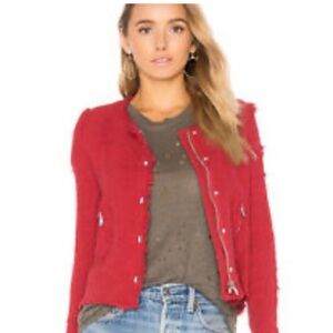 Iro Red Agnette Distressed Tweed boucle moto Jacket with Silver Buttons/zipper